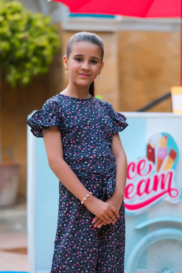 Dhaga Kids Pret Solids Linen 1 Piece Grey Pink Floral Ruffle Jumpsuit DHKJP01 - Summer Collection