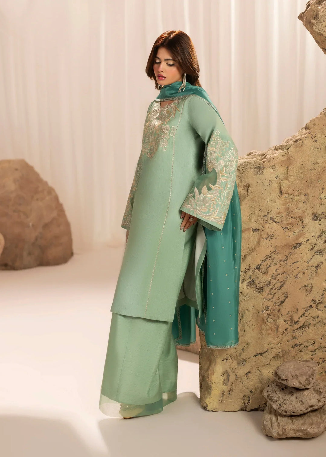 Silk Atelier by Jamni RTW Embroidered Korean Silk 3 Piece Suit SEAFORM SUGAR Festive Collection