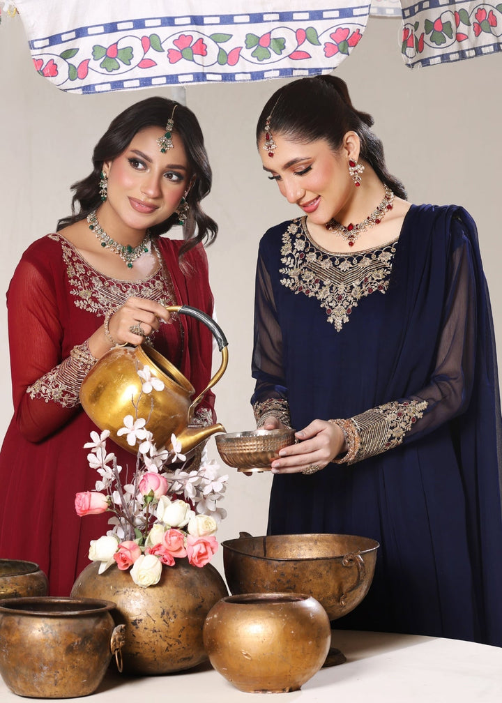 Unss Apparel Women Pret Embroidered Chiffon 3 piece suit Nure Navy Blue - Festive Collection