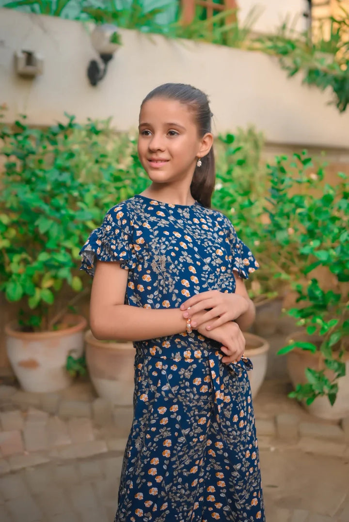 Dhaga Kids Pret Printed Linen 1 Piece Blue Orange Floral Ruffle Jumpsuit DHKJP01 - Summer Collection