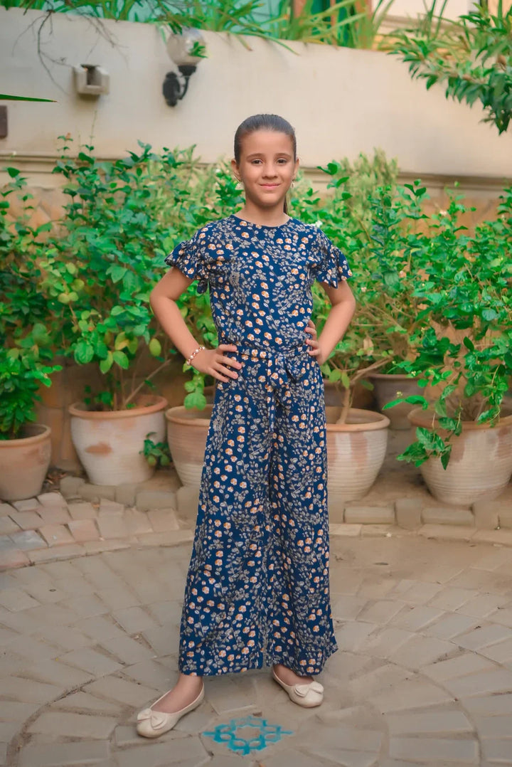 Dhaga Kids Pret Printed Linen 1 Piece Blue Orange Floral Ruffle Jumpsuit DHKJP01 - Summer Collection