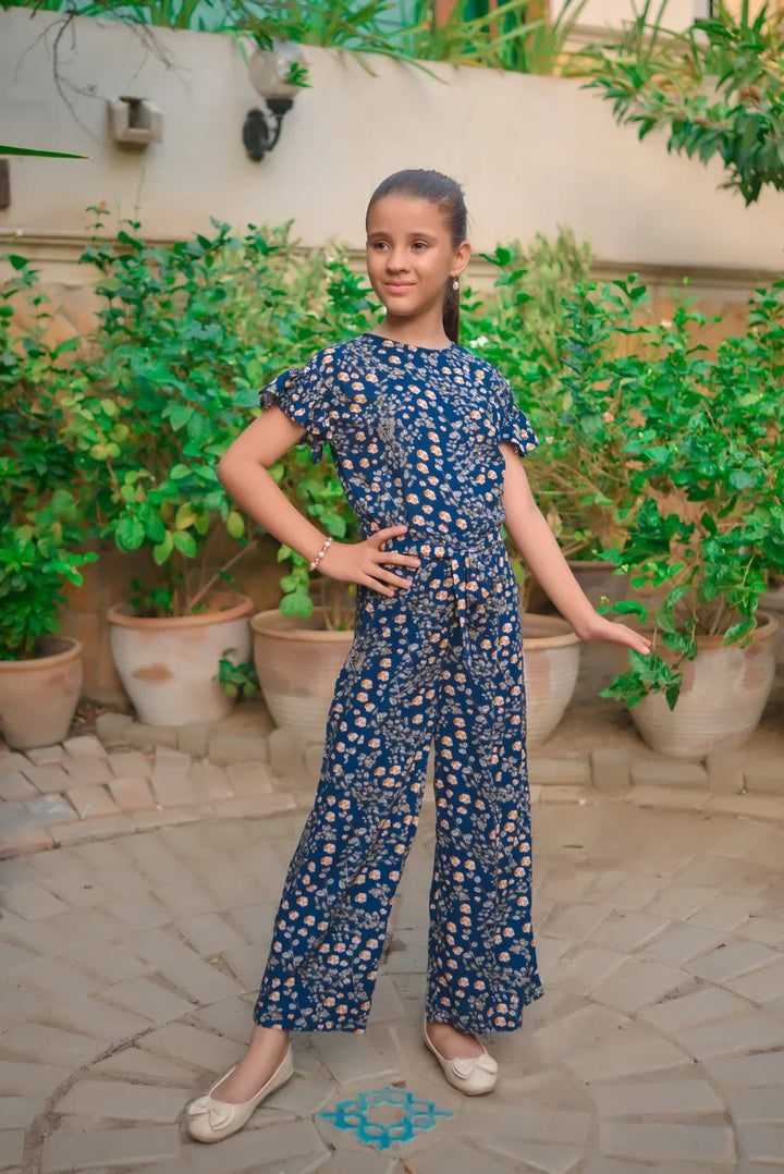 Dhaga Kids Pret Printed Linen 1 Piece Blue Orange Floral Ruffle Jumpsuit DHKJP01 - Summer Collection