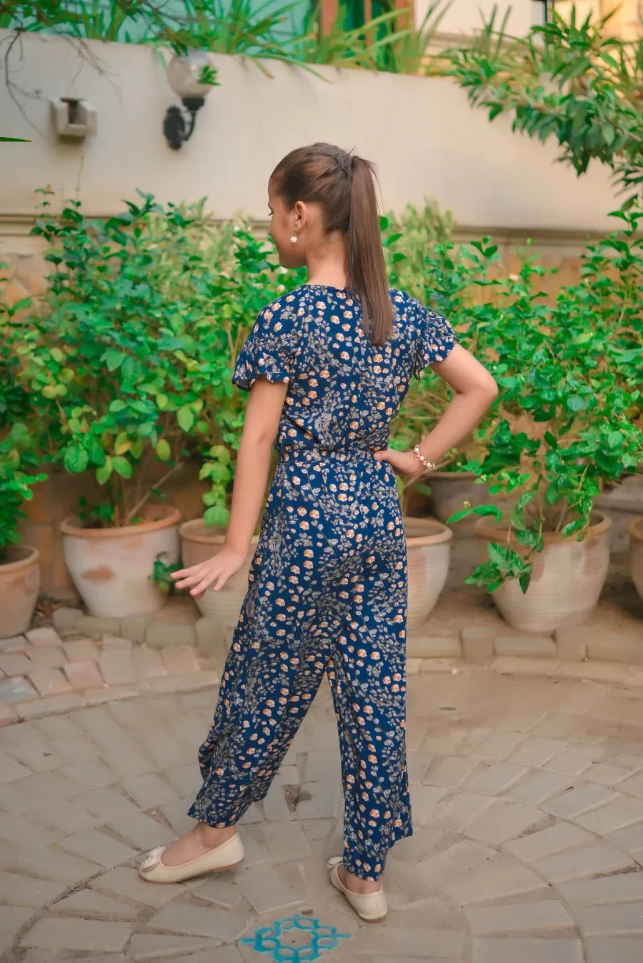 Dhaga Kids Pret Printed Linen 1 Piece Blue Orange Floral Ruffle Jumpsuit DHKJP01 - Summer Collection