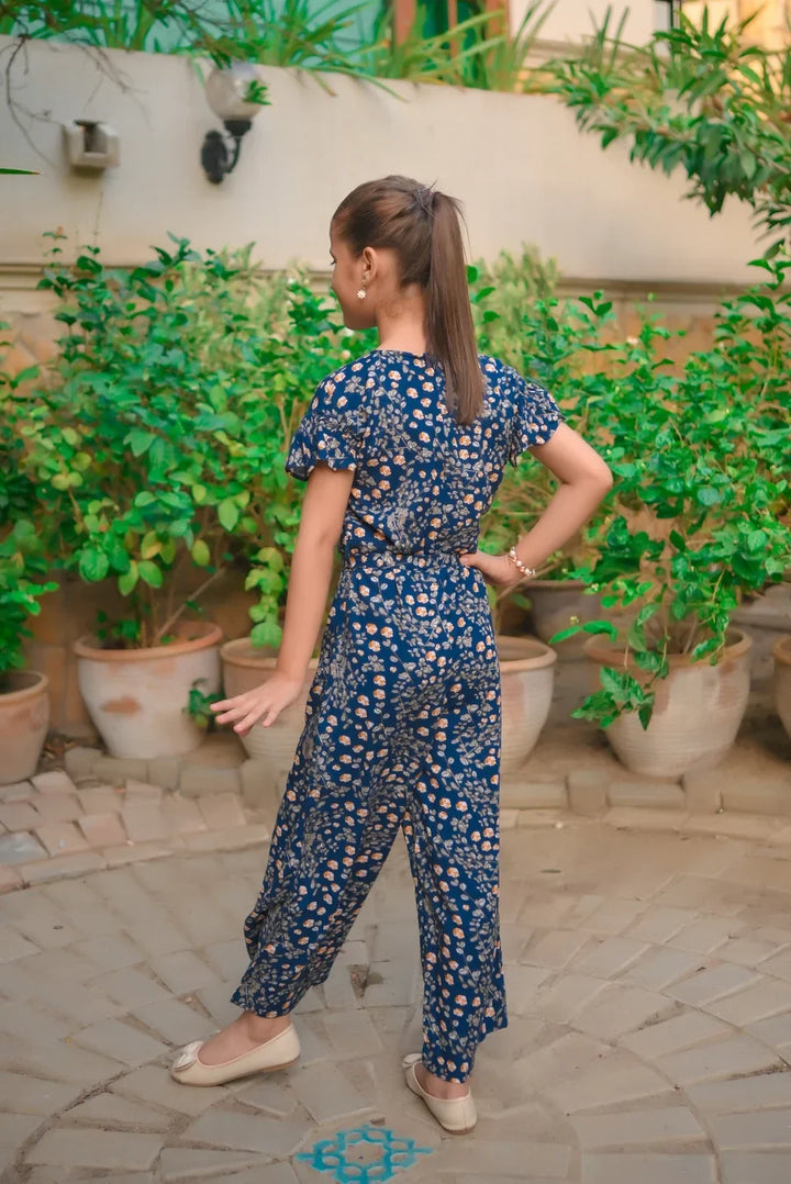Dhaga Kids Pret Printed Linen 1 Piece Blue Orange Floral Ruffle Jumpsuit DHKJP01 - Summer Collection