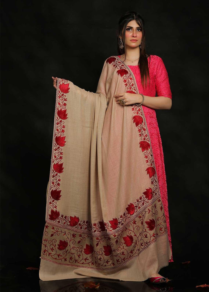 Sanaulla Exclusive Range Embroidered Pashmina  Shawl AKP-18 Brown-2 - Pashmina Shawls