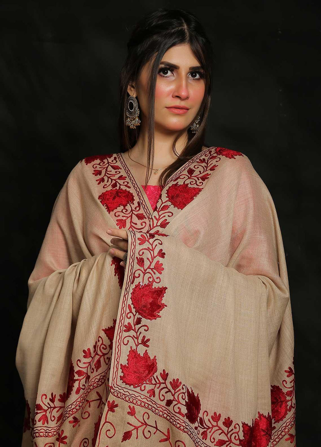 Sanaulla Exclusive Range Embroidered Pashmina  Shawl AKP-18 Brown-2 - Pashmina Shawls