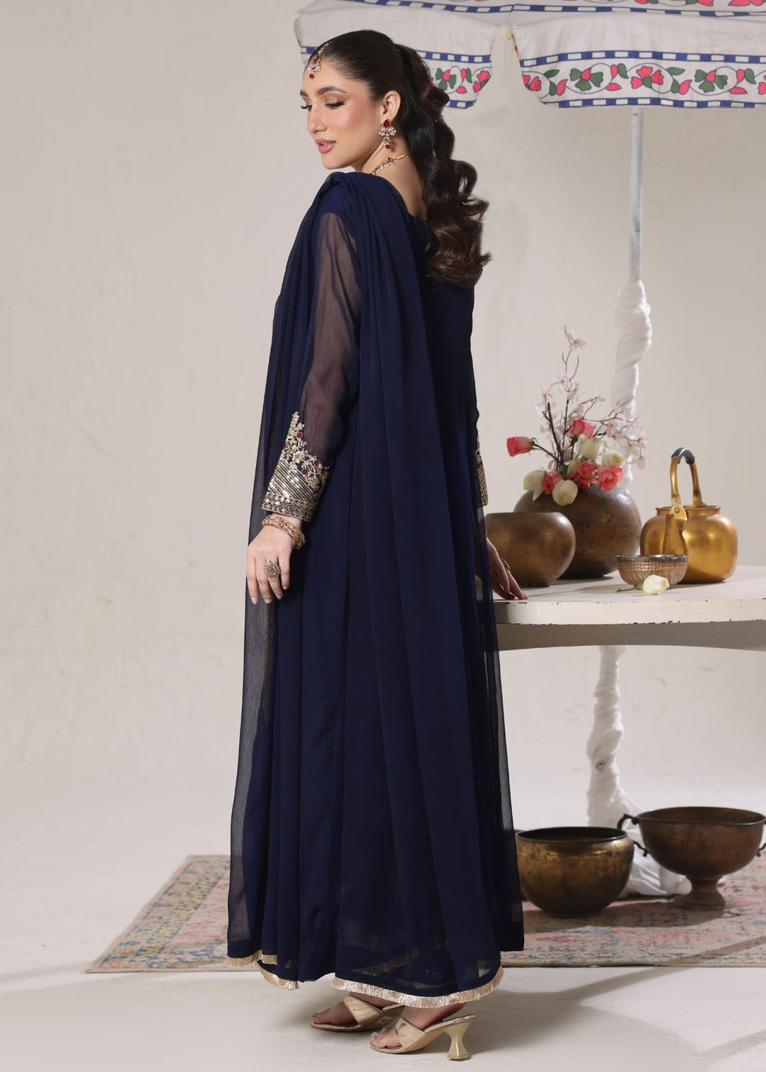 Unss Apparel Women Pret Embroidered Chiffon 3 piece suit Nure Navy Blue - Festive Collection