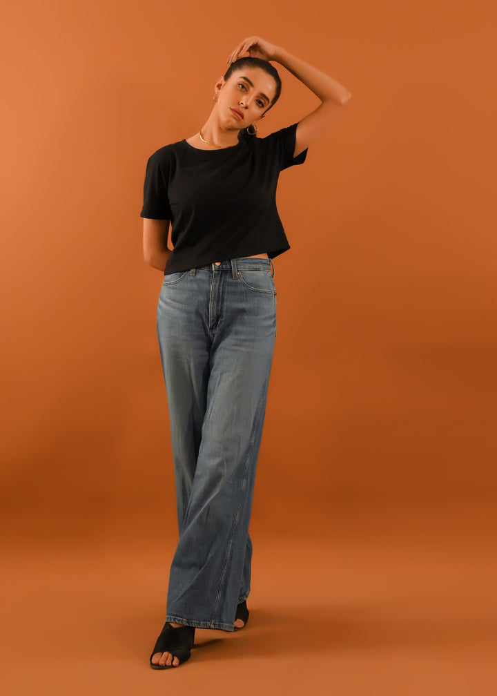 Dhaga Women Western Solids T- Shirt jersy Black Crop DT10002 - Summer Collection