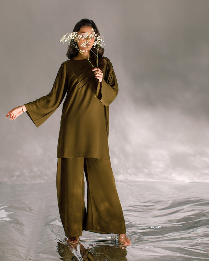 Serendipity by Ombrella Women RTW Solids Georgette 2 Piece Suit Olive Green Lyra - Casual Collection
