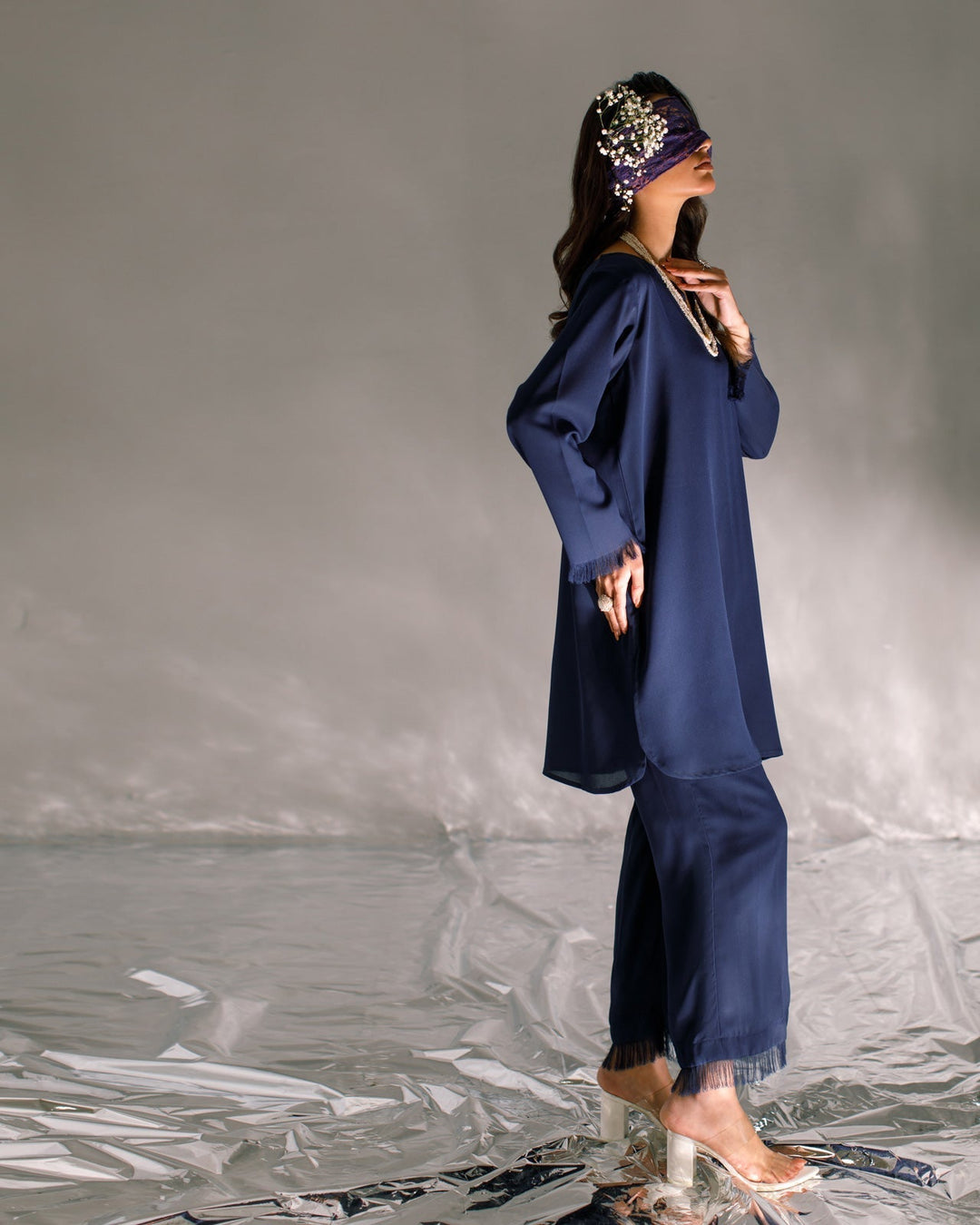 Serendipity by Ombrella Women RTW Solids Georgette 2 Piece Suit Navy Blue Aylin - Casual Collection
