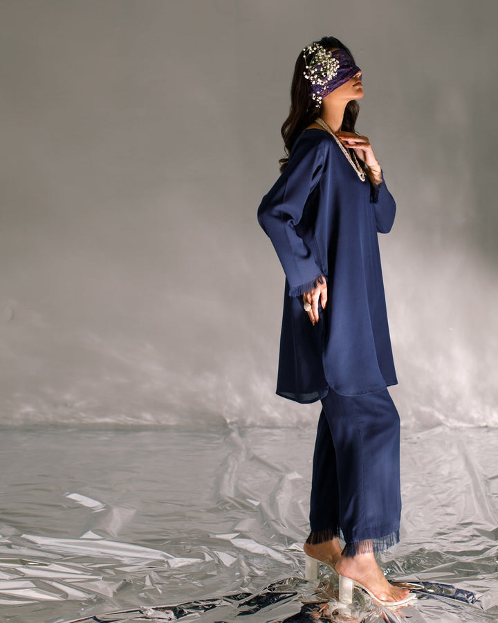 Serendipity by Ombrella Women RTW Solids Georgette 2 Piece Suit Navy Blue Aylin - Casual Collection