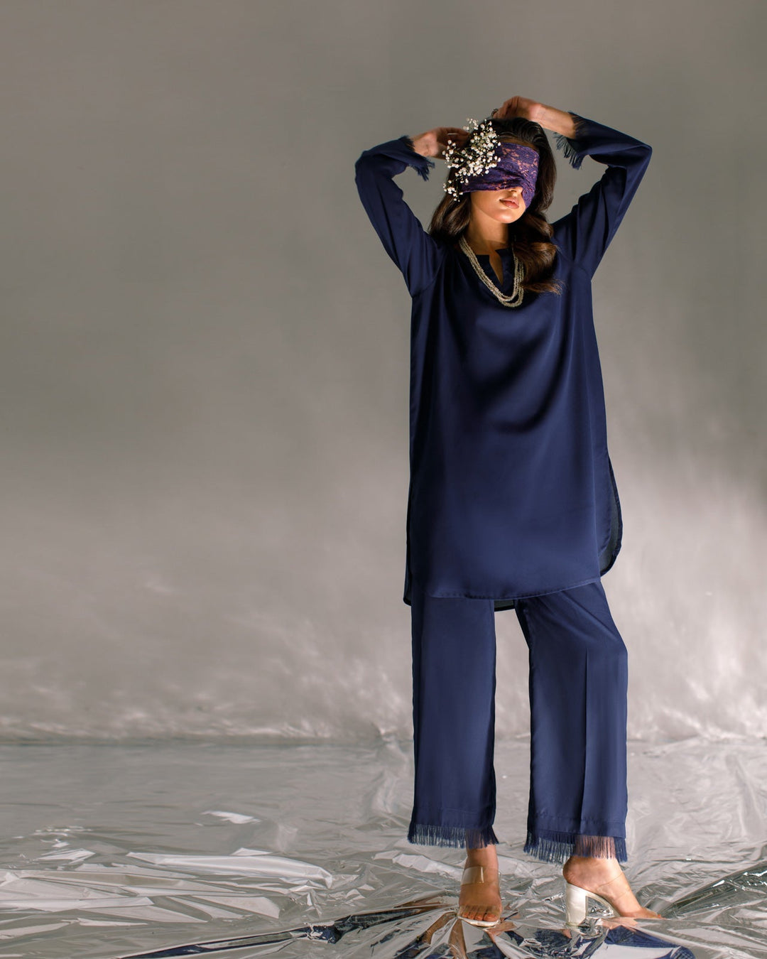 Serendipity by Ombrella Women RTW Solids Georgette 2 Piece Suit Navy Blue Aylin - Casual Collection