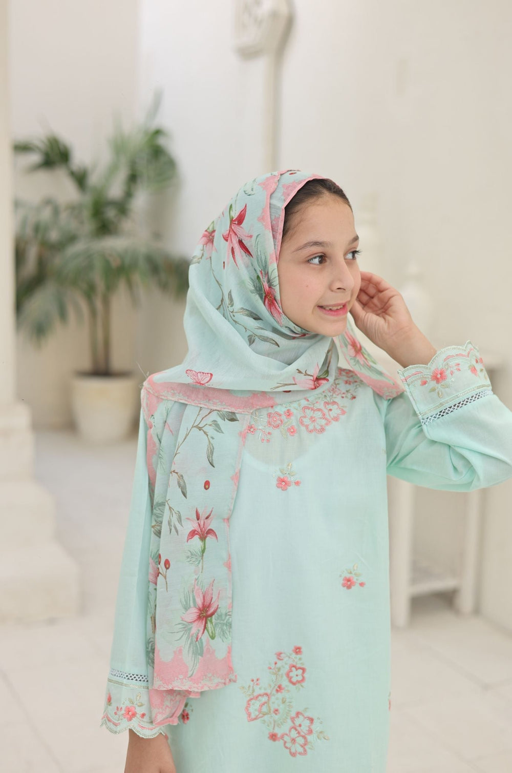 Guriya by Suntex Fabrics Girls RTW Embroidered Cotton 3 Piece Suit Aqua Flora Festive Collection
