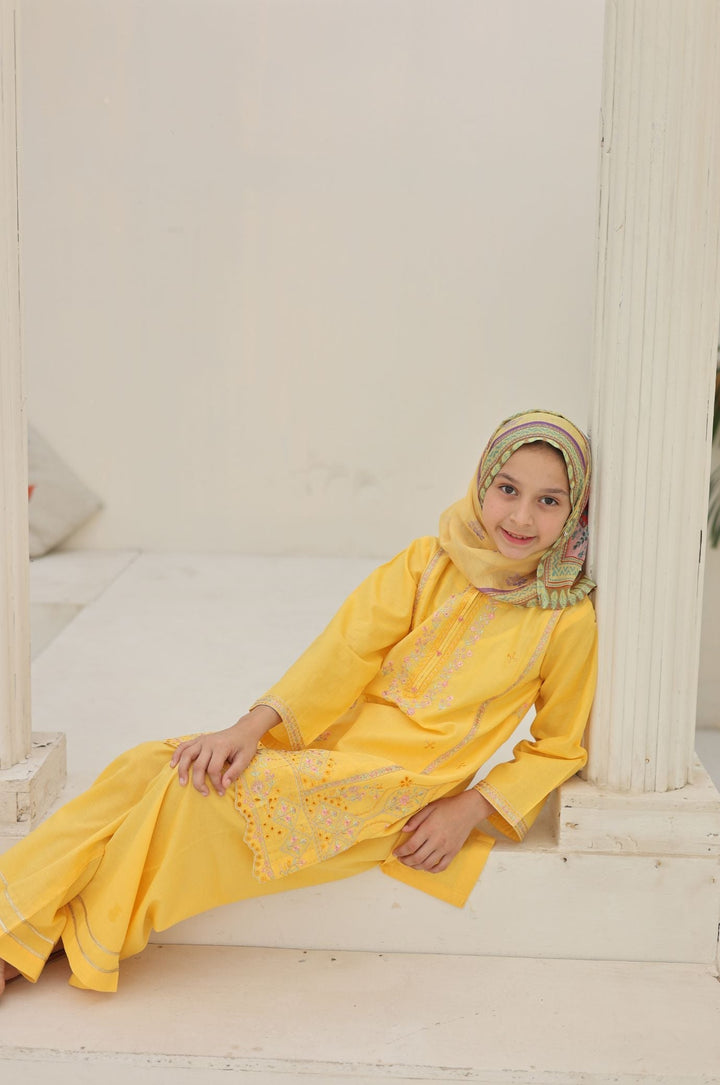 Guriya by Suntex Fabrics Girls RTW Embroidered Cotton 3 Piece Suit Yellow Blossom Festive Collection