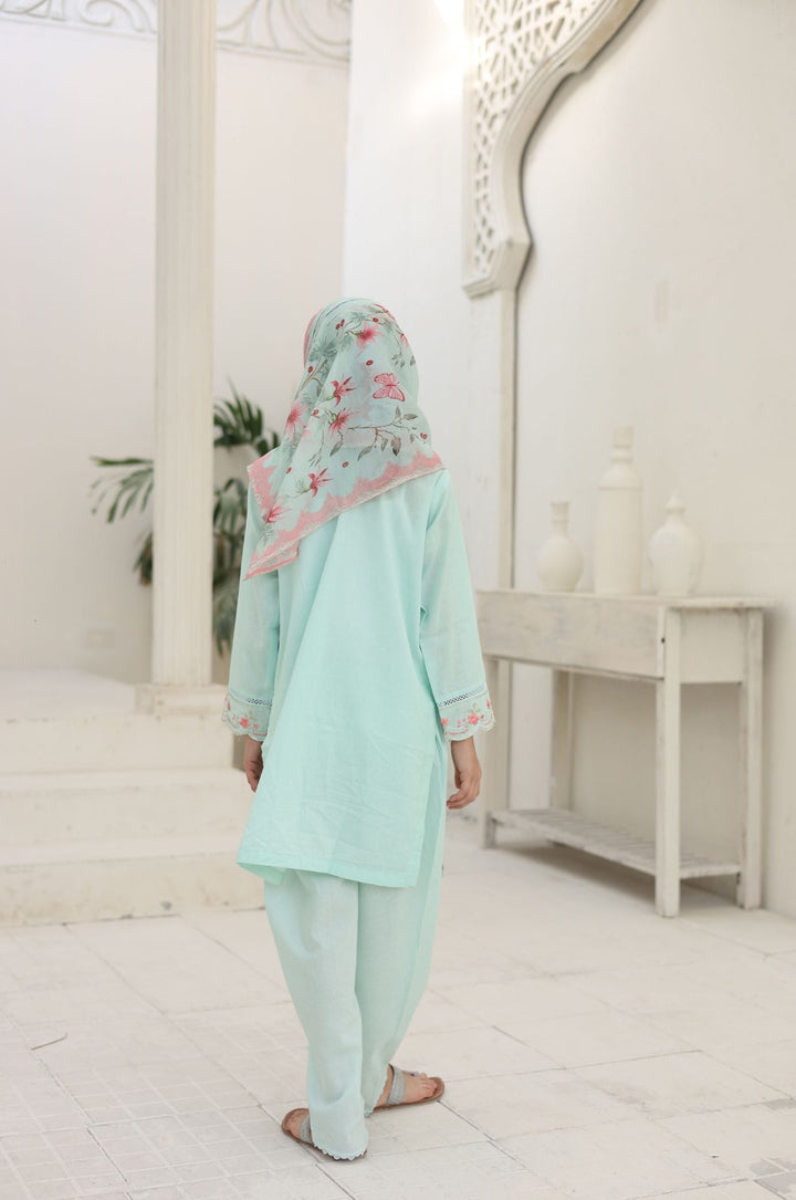 Guriya by Suntex Fabrics Girls RTW Embroidered Cotton 3 Piece Suit Aqua Flora Festive Collection