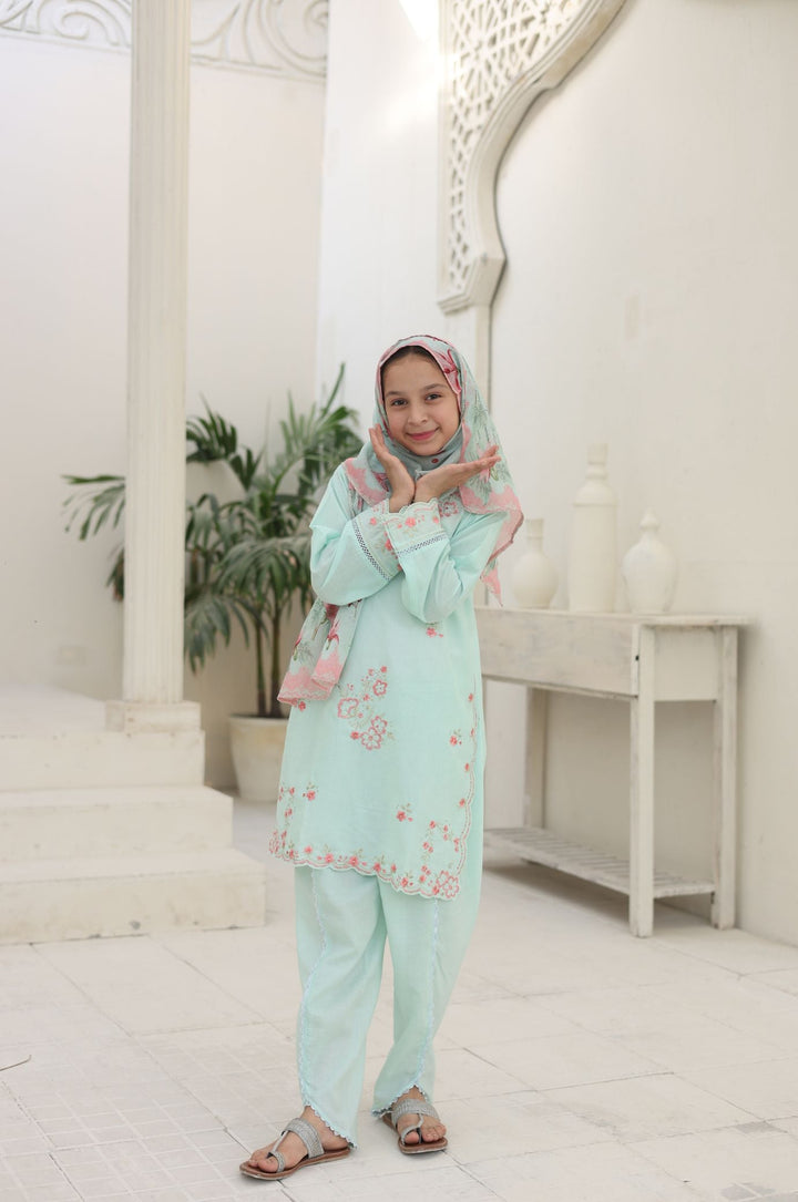 Guriya by Suntex Fabrics Girls RTW Embroidered Cotton 3 Piece Suit Aqua Flora Festive Collection