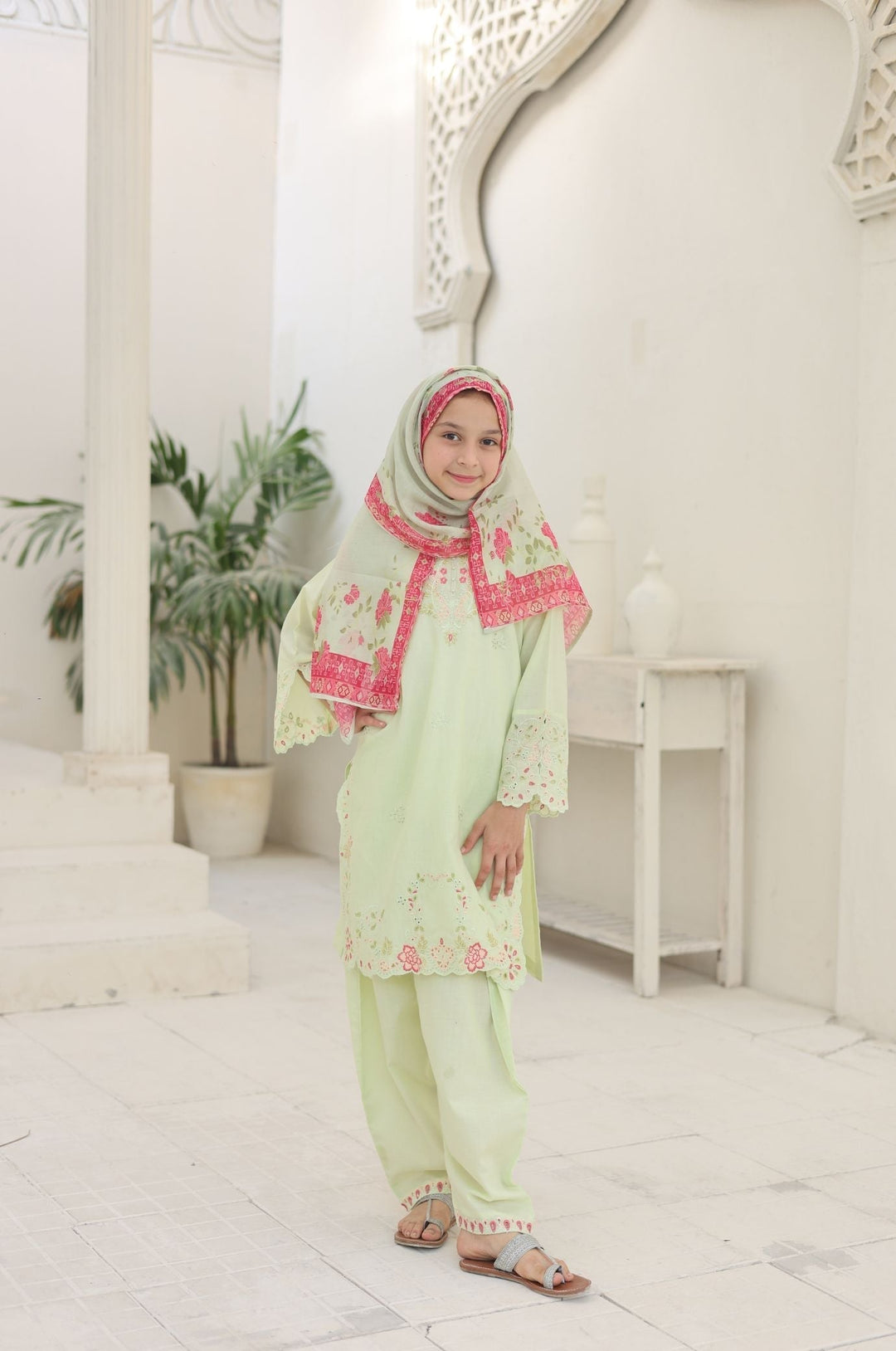 Guriya by Suntex Fabrics Girls RTW Embroidered Cotton 3 Piece Suit Pistachio Festive Collection