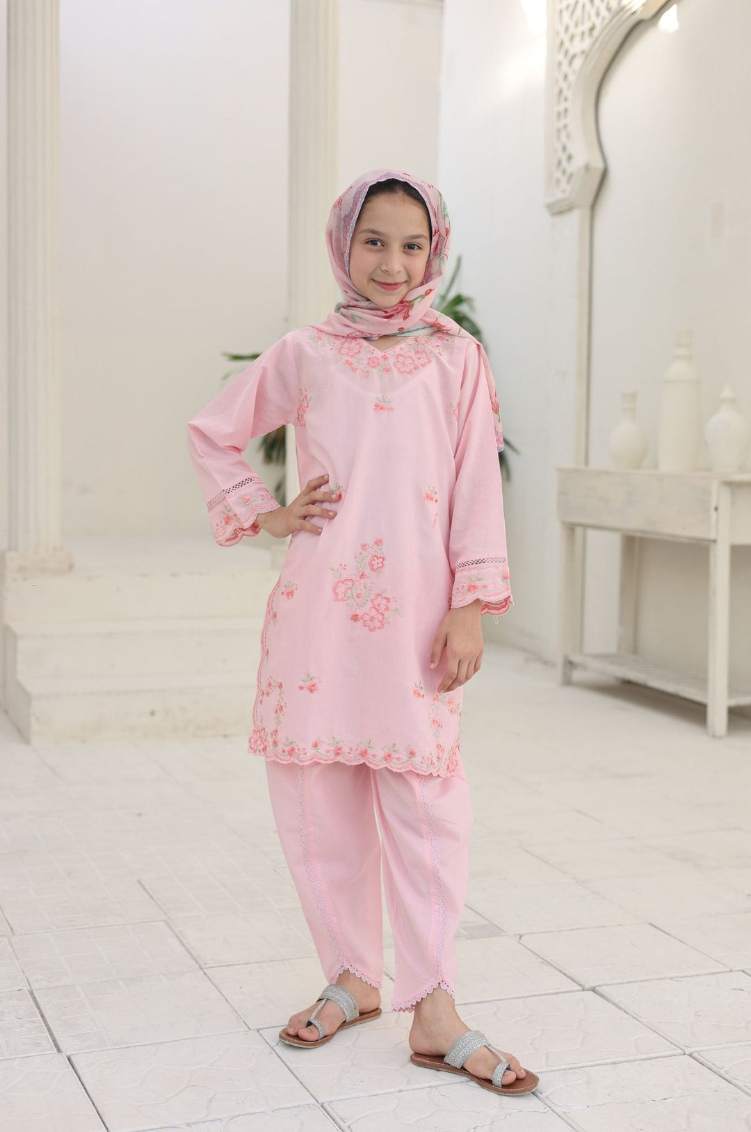 Guriya by Suntex Fabrics Girls RTW Embroidered Cotton 3 Piece Suit Blush Pink Festive Collection