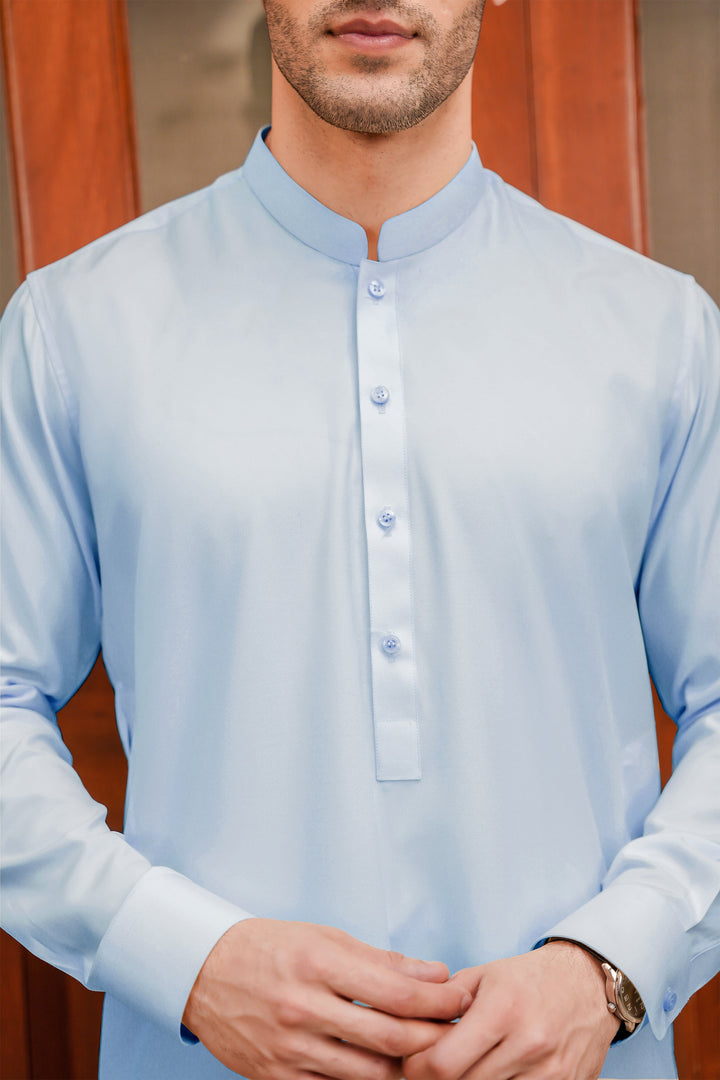 Misaal by Divinely Crafted Solids Shalwar Kameez For Men Sky Blue Blended SK400-0725-SB - Summer Collection