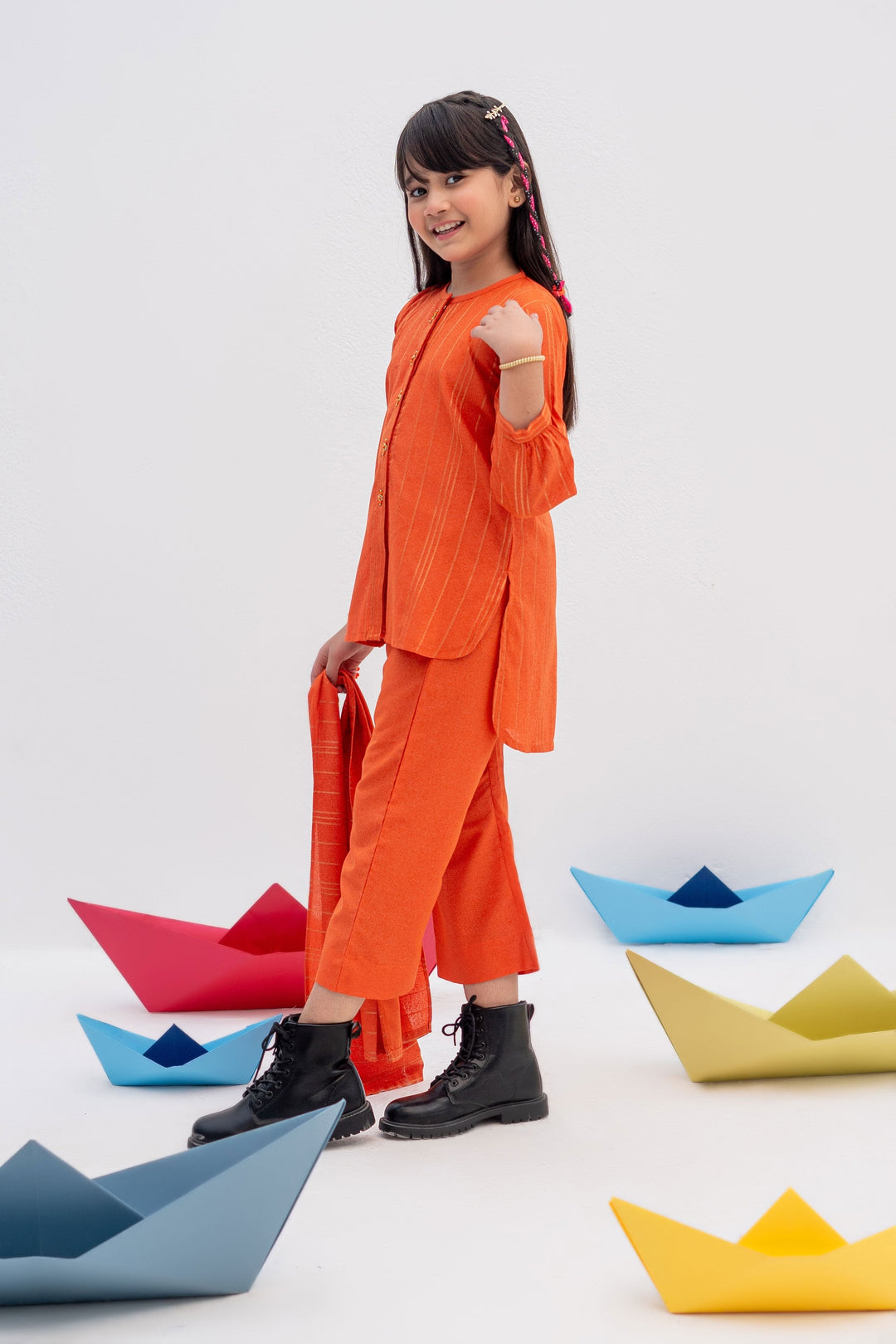 Senorita Kids RTW Orange and Gold Casual 3 Piece Suit Karandi  KAD-02437 - WInter Collection