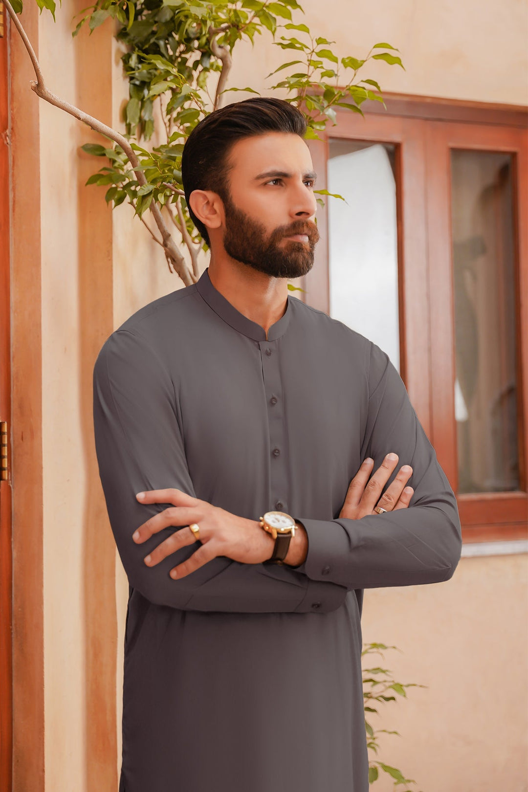 Misaal by Divinely Crafted Solids Shalwar Kameez For Men Taupe Grey Blended SK400-0725-TG - Summer Collection