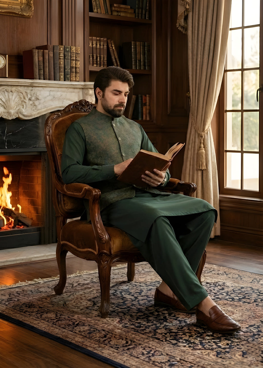 TGM Men RTW Textured Blended 3 Piece Suit Basil Green Festive Collection