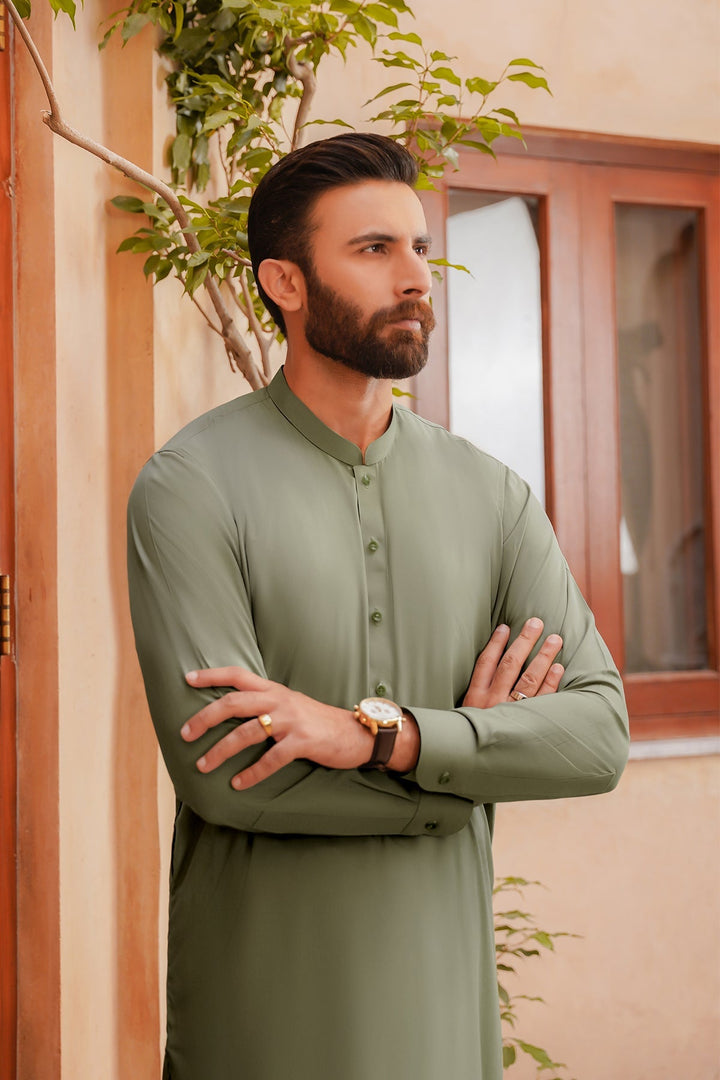 Misaal by Divinely Crafted Solids Shalwar Kameez For Men Sage Green Blended SK400-0725-SG - Summer Collection
