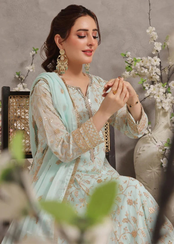 Unss Apparel Women Pret Embroidered Chiffon 3 Piece Suit Haani Mint Green - Festive Collection