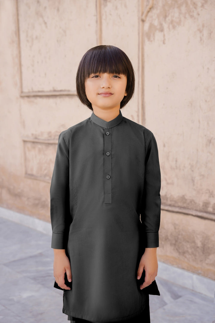 Paasban by Divinely Crafted Solids Blended 2 Piece Shalwar Kameez For Kids Jet Black - Summer Collection