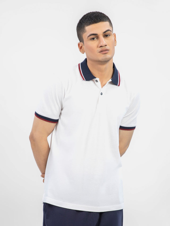 Brumano  Solids Cotton Polo White Pique Polo With Contrasting Navy Collar
