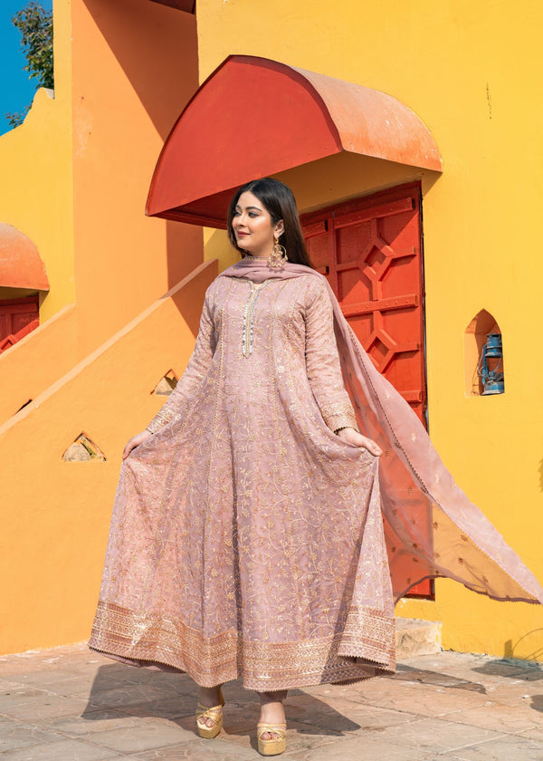 Unss Apparel Women Pret Embroidered Chiffon 3 Piece Suit Haani Tea Pink - Festive Collection