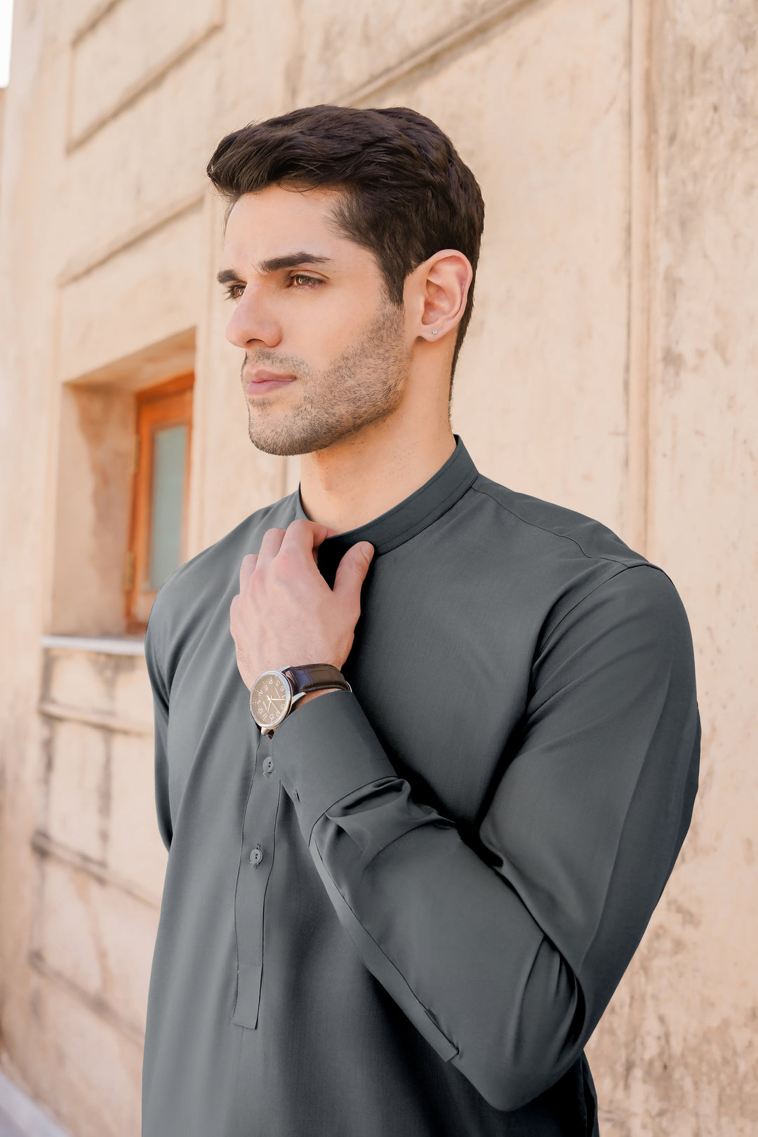 Misaal by Divinely Crafted Solids Shalwar Kameez For Men Dusk Grey Blended SK295-0725-DG - Summer Collection