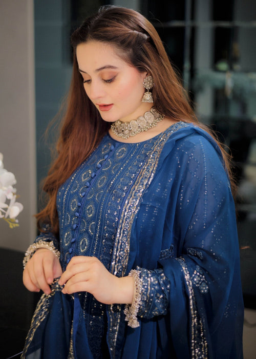 Rang e Haseen by Abaan Zohan RTW Embroidered chiffon 3 Piece Suit Zeno Peacock - Festive Collection