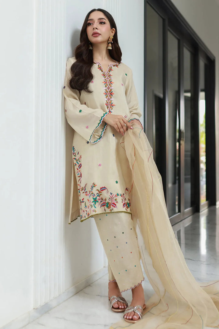 Nadia Khan Pret Embroidered Raw Silk 3 Piece Pastel Cream