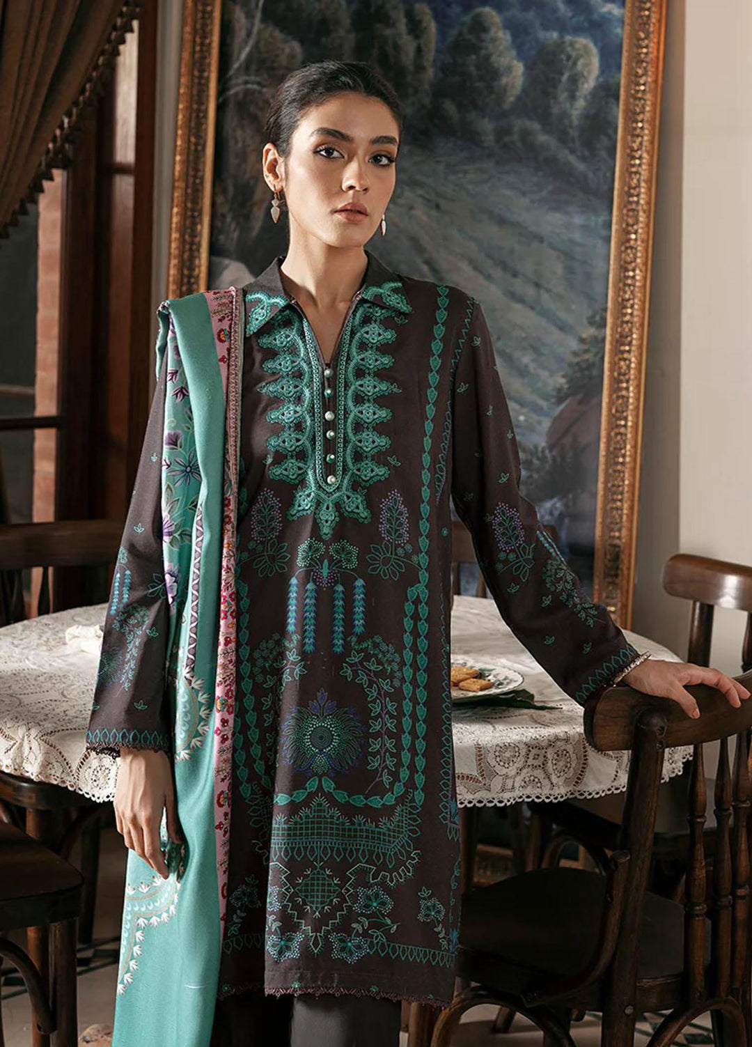 Cross Stitch Embroidered Linen Suits Unstitched 3 Piece CS22W 07 Coal Dust - Winter Collection