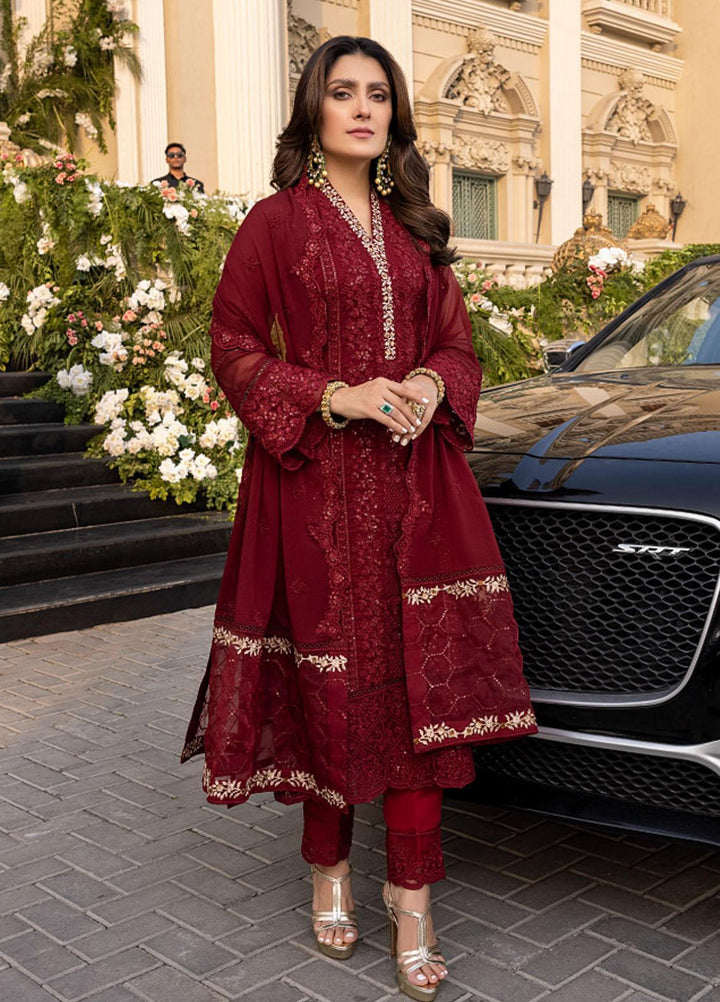 Azure Embroidered Chiffon Suits Unstitched 3 Piece AZ22LU D-03 VIBRANT RUBY - Luxury Collection