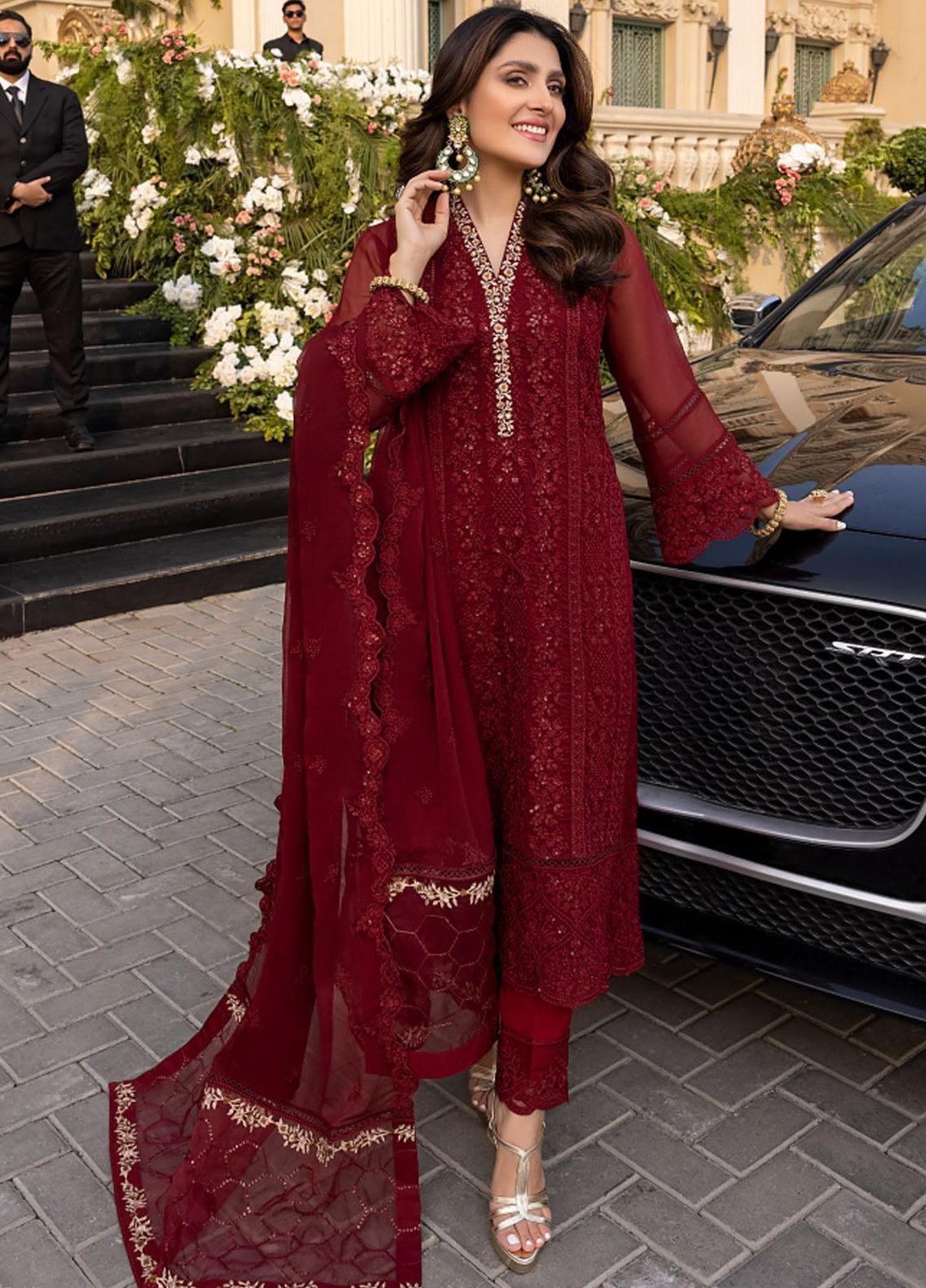 Azure Embroidered Chiffon Suits Unstitched 3 Piece AZ22LU D-03 VIBRANT RUBY - Luxury Collection