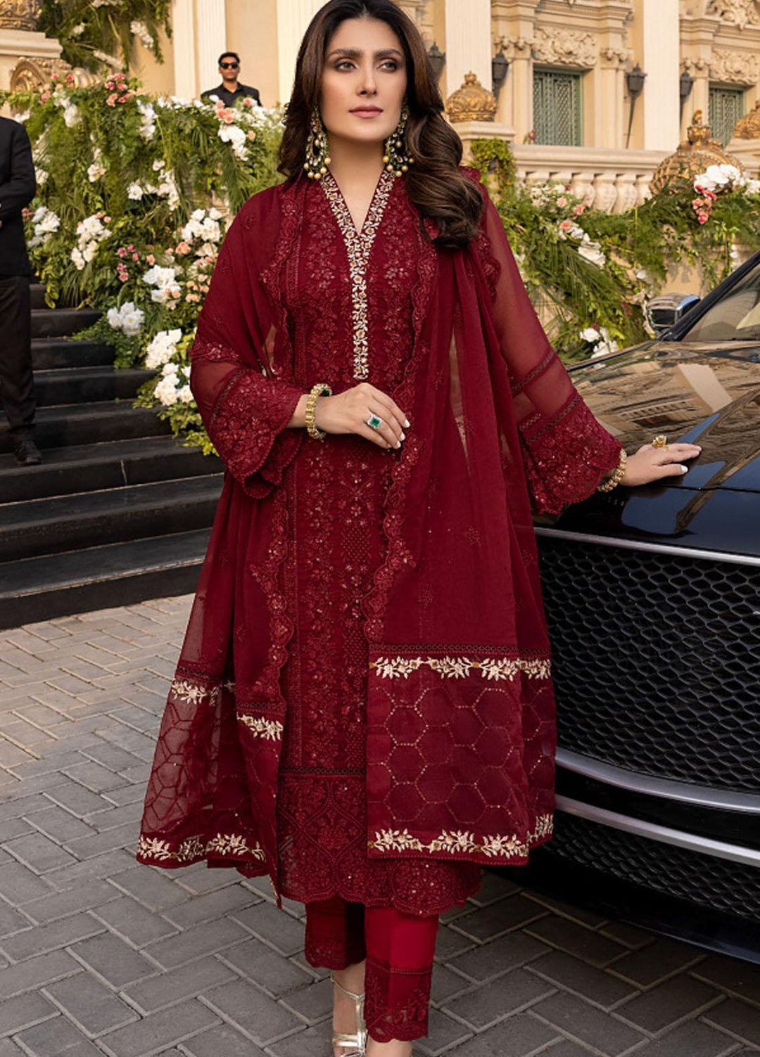 Azure Embroidered Chiffon Suits Unstitched 3 Piece AZ22LU D-03 VIBRANT RUBY - Luxury Collection
