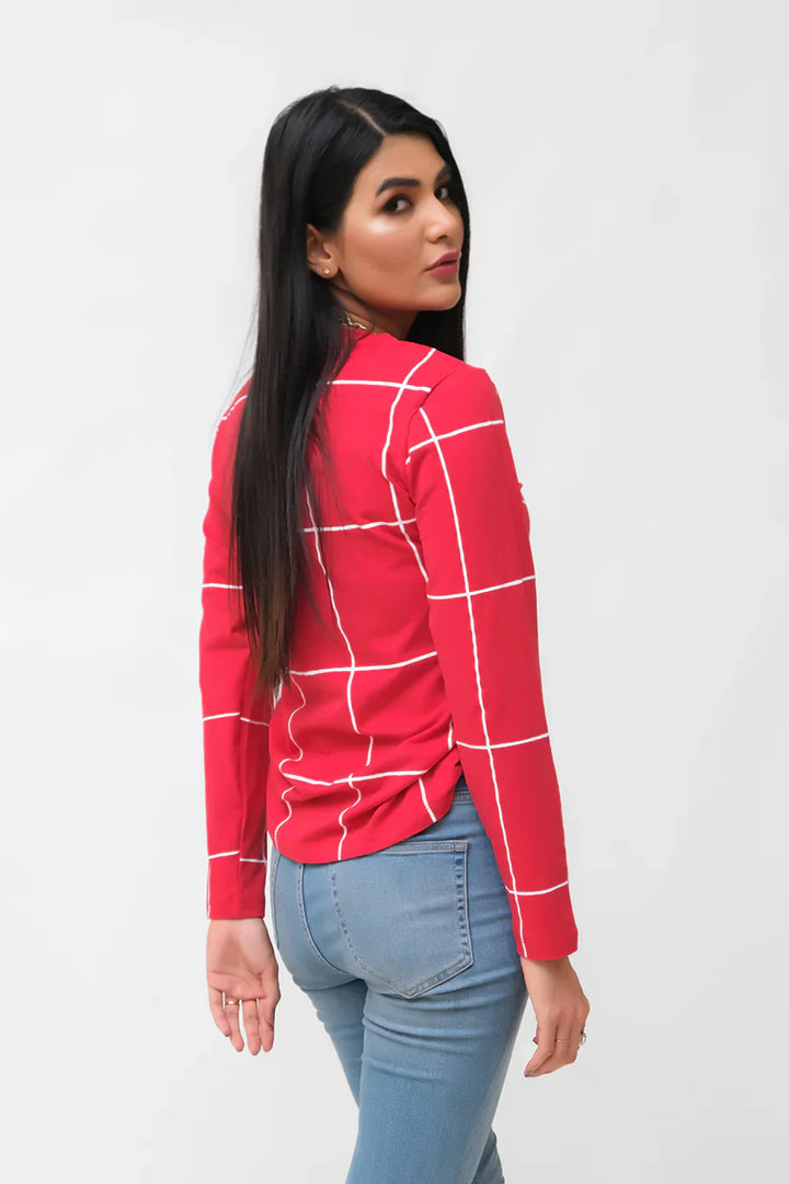 Dhaga Women Western Solids T- Shirt jersy Red Full Sleeves Lines DH10007 - Summer Collection