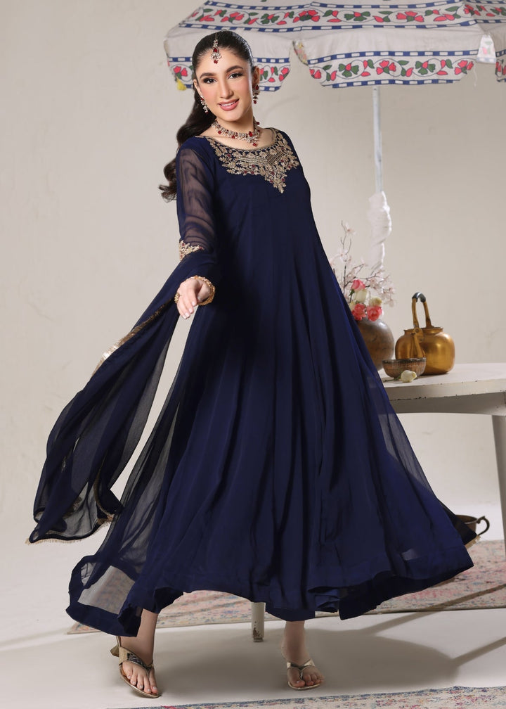 Unss Apparel Women Pret Embroidered Chiffon 3 piece suit Nure Navy Blue - Festive Collection