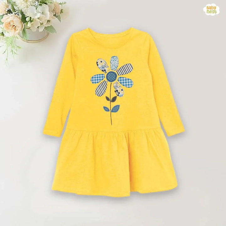 Baby Nest Pret 1 Piece Full Sleeves Baby Printed Frocks - Multi Flower - Bnbpf-60-D4 - Yellow