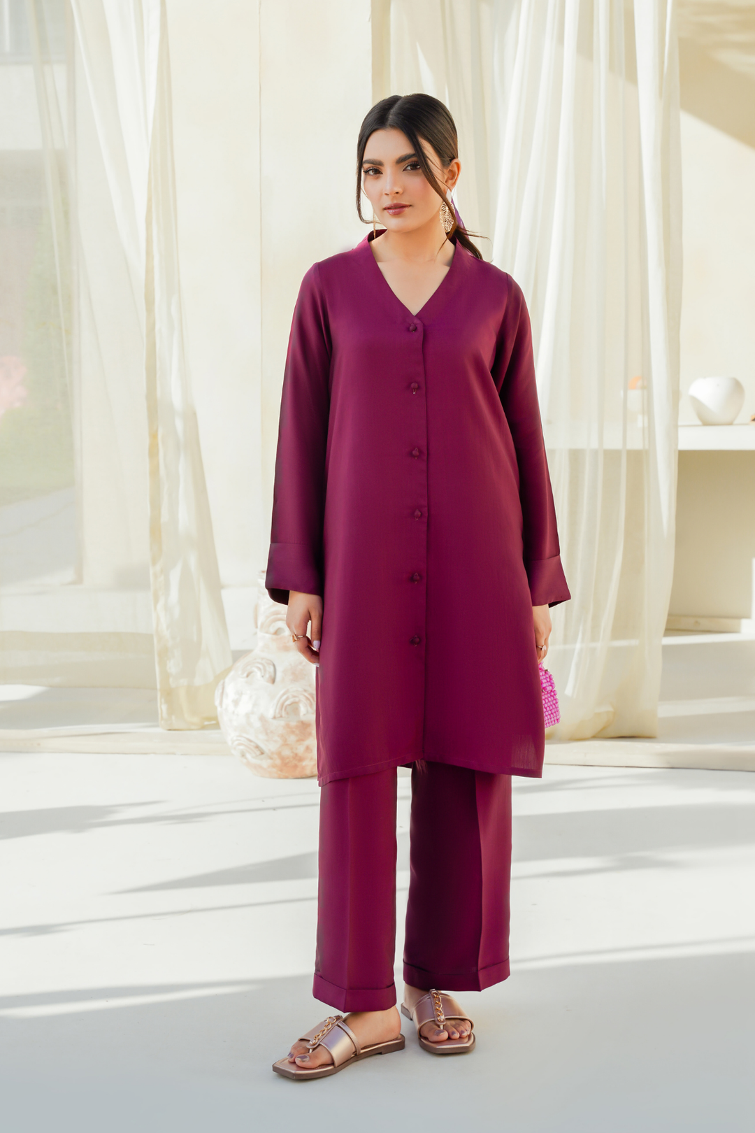 Divinely Crafted Pret Solids Cotton Silk 2 Piece Burgundy Bliss