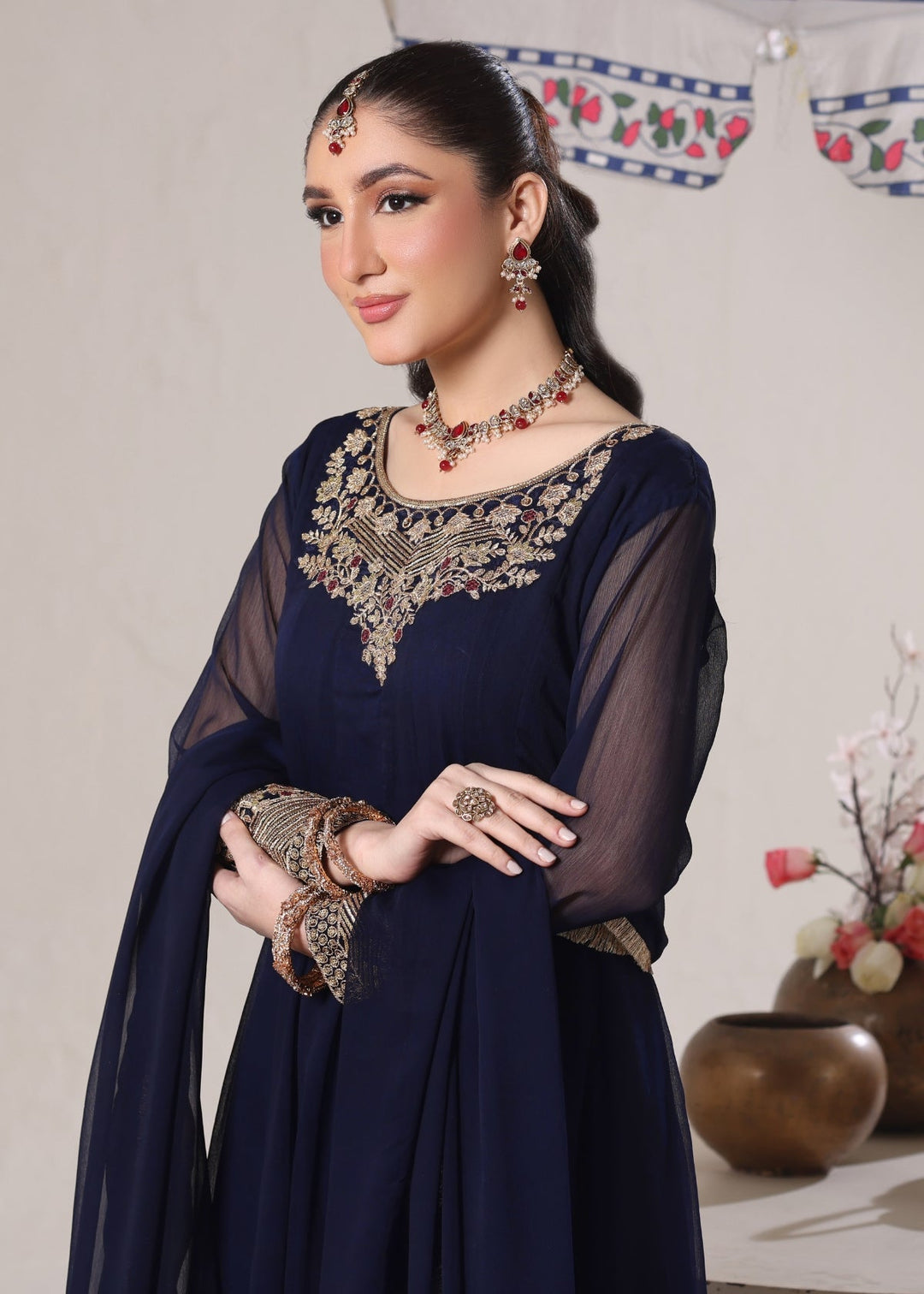 Unss Apparel Women Pret Embroidered Chiffon 3 piece suit Nure Navy Blue - Festive Collection