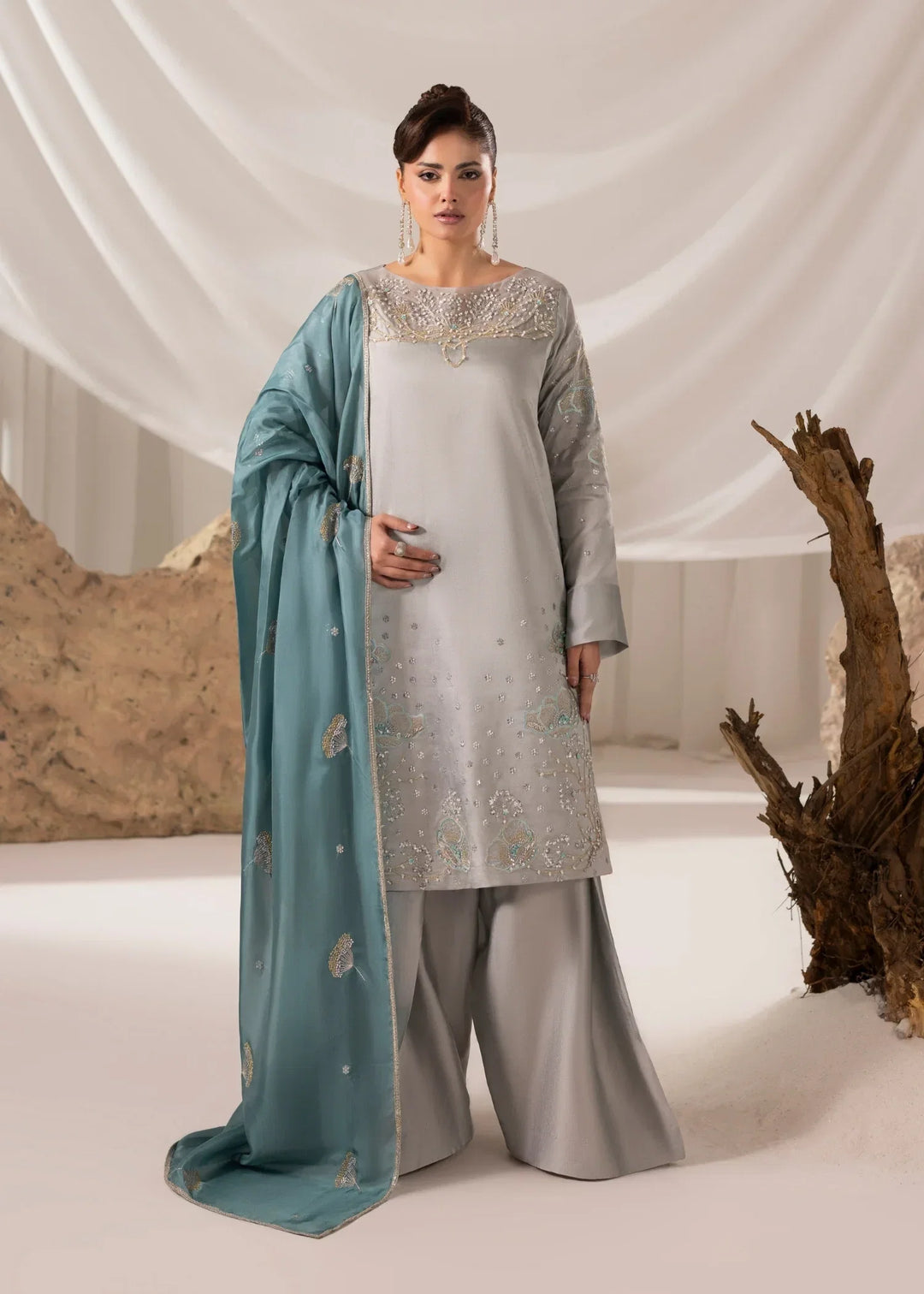 Celeste by Jamni RTW Embroidered Sheesha Silk 3 Piece Suit QUARTZ Festive Collection