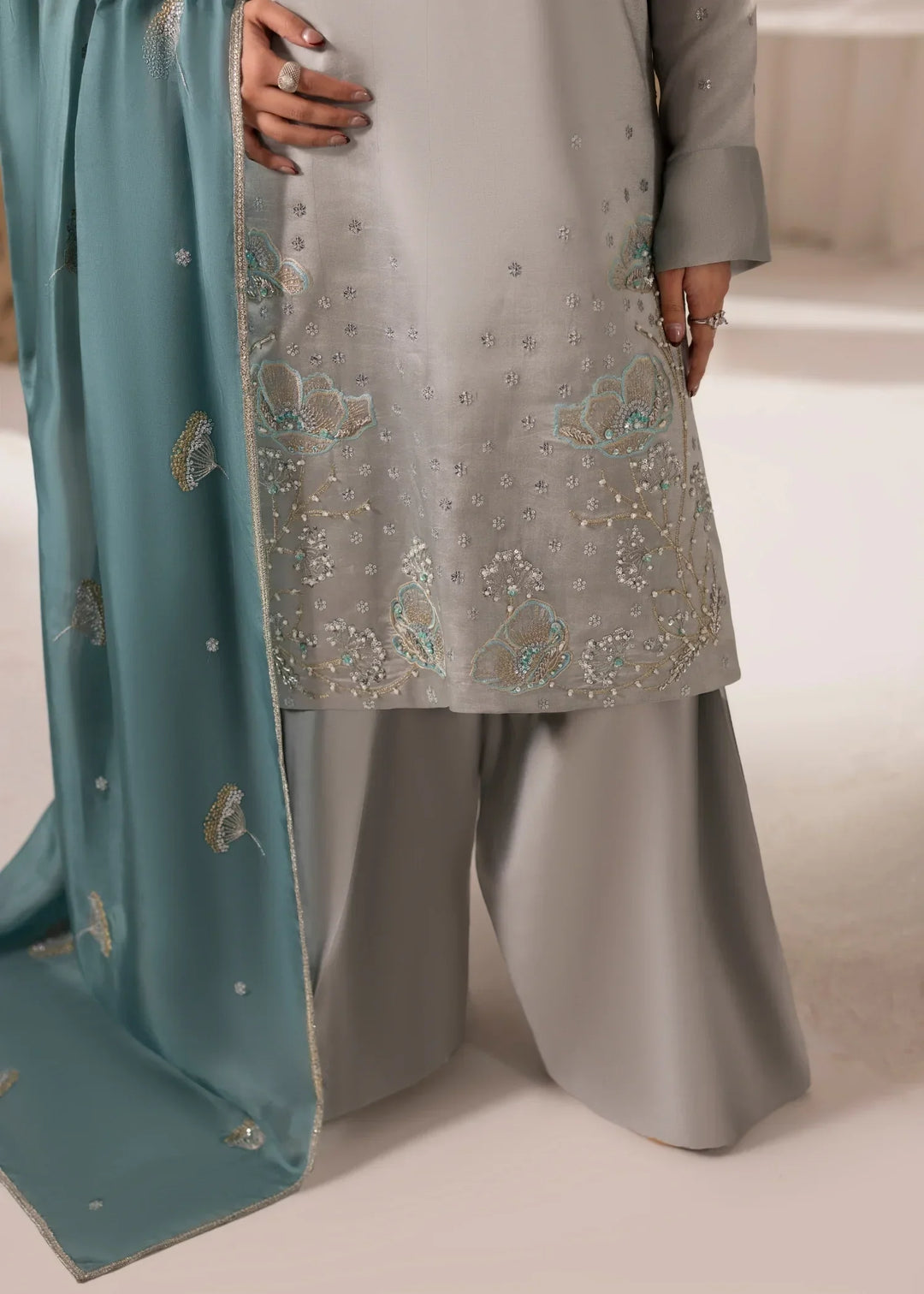Celeste by Jamni RTW Embroidered Sheesha Silk 3 Piece Suit QUARTZ Festive Collection