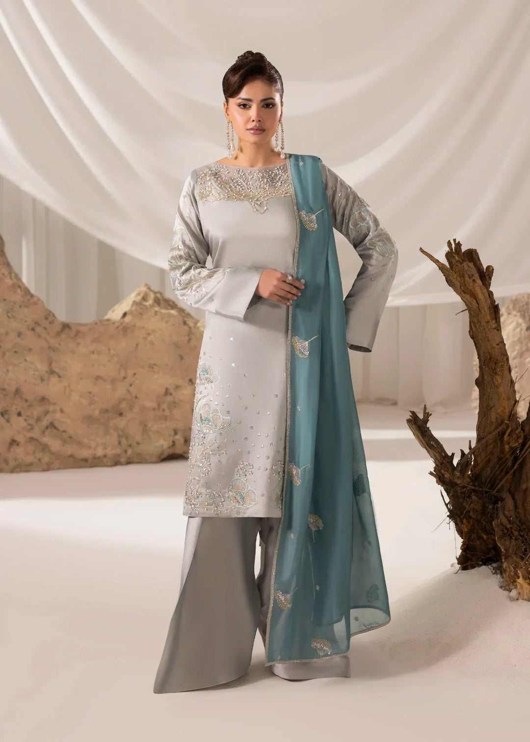 Celeste by Jamni RTW Embroidered Sheesha Silk 3 Piece Suit QUARTZ Festive Collection
