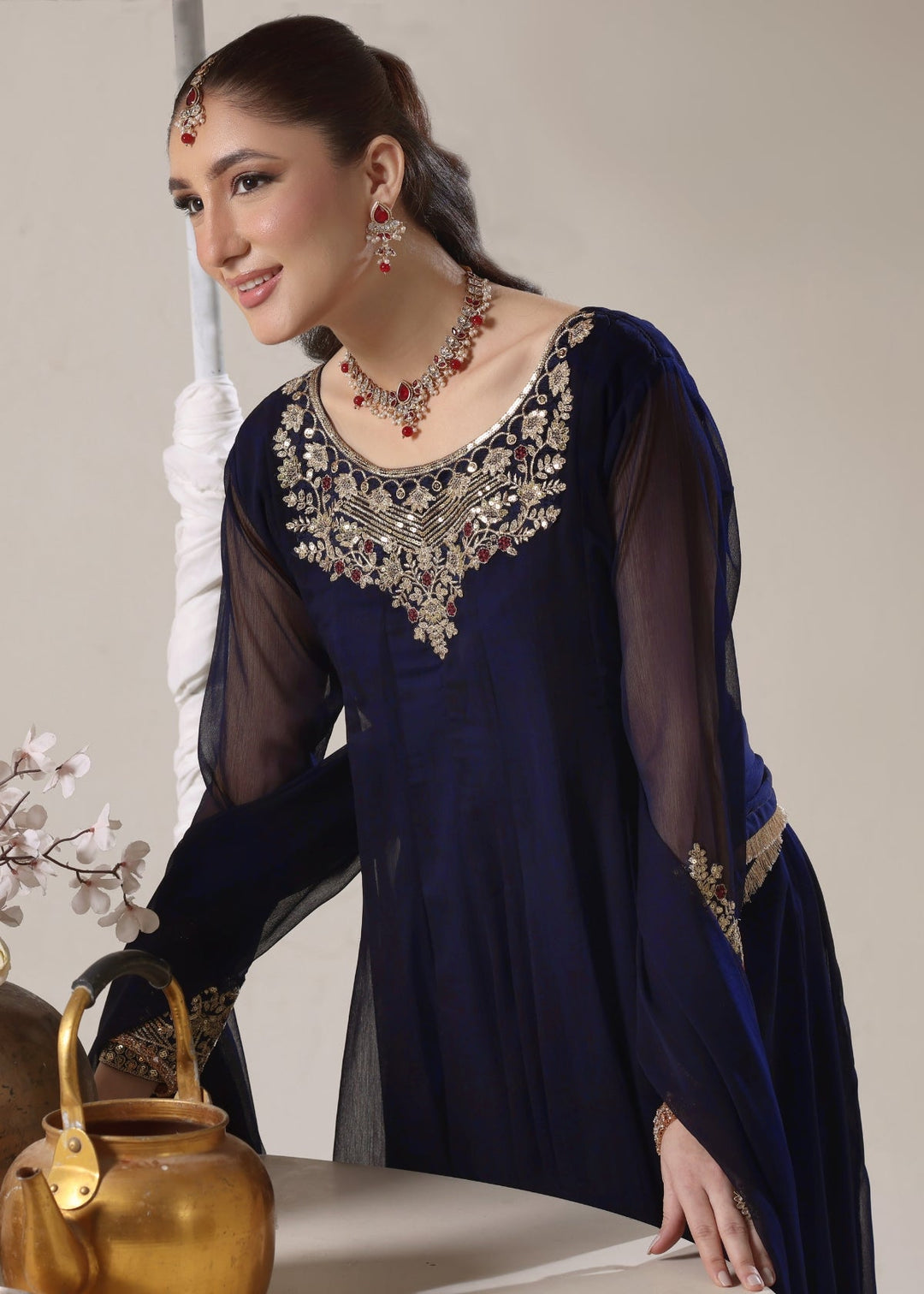Unss Apparel Women Pret Embroidered Chiffon 3 piece suit Nure Navy Blue - Festive Collection