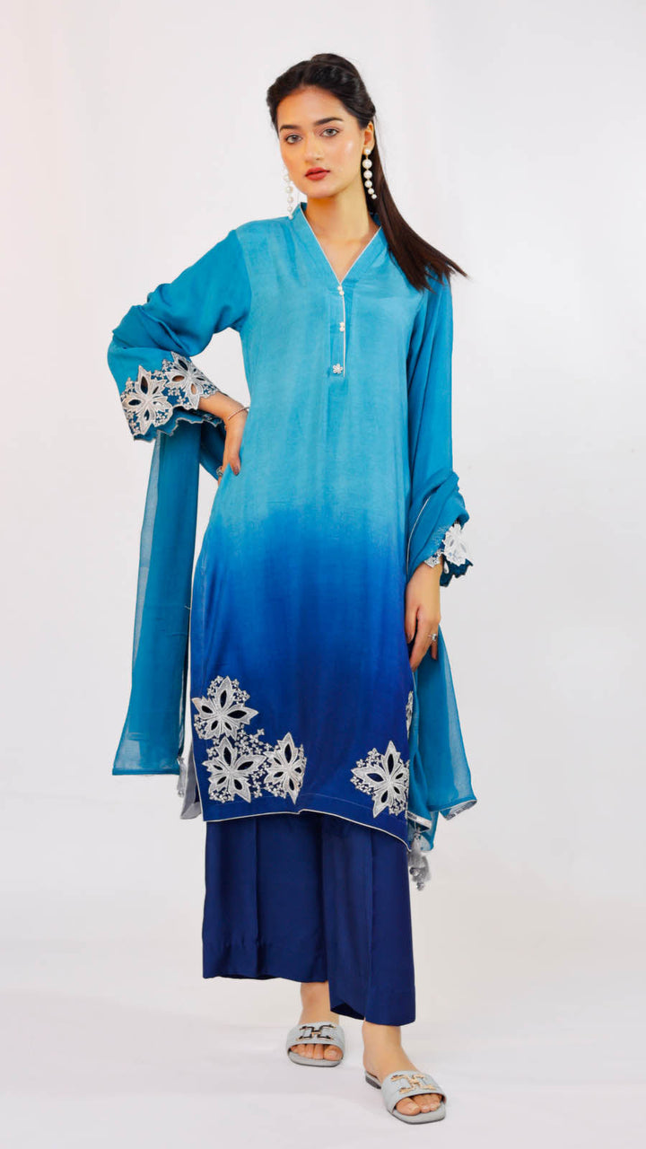 Jashn e Eid by Reezas Women Embroidered Lawn Silk 3 Piece Rang-e-baharan blue ombre - Summer Collection