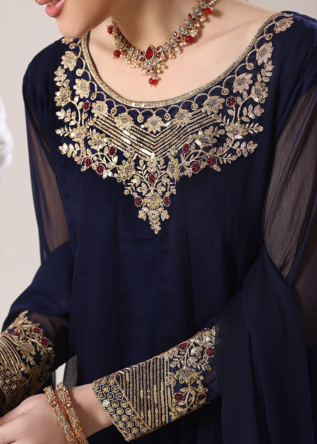 Unss Apparel Women Pret Embroidered Chiffon 3 piece suit Nure Navy Blue - Festive Collection
