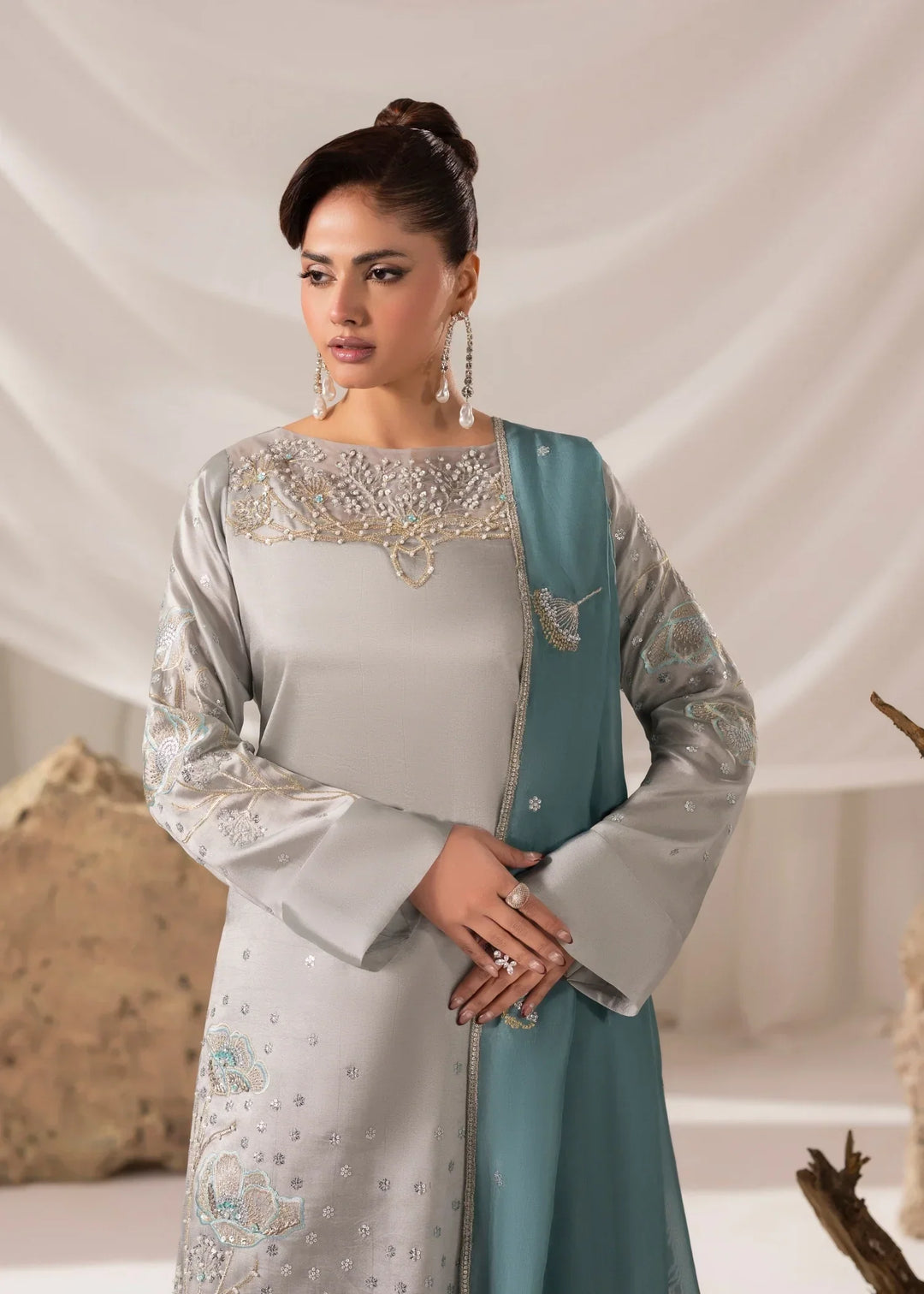 Celeste by Jamni RTW Embroidered Sheesha Silk 3 Piece Suit QUARTZ Festive Collection